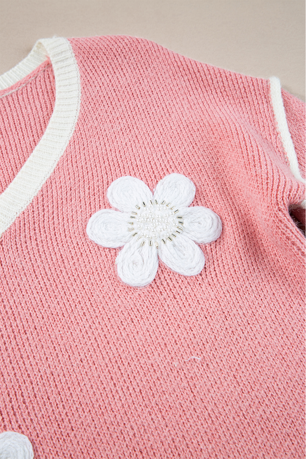 Pink Flower V Neck Dropped Shoulder Sweater - loveforevers