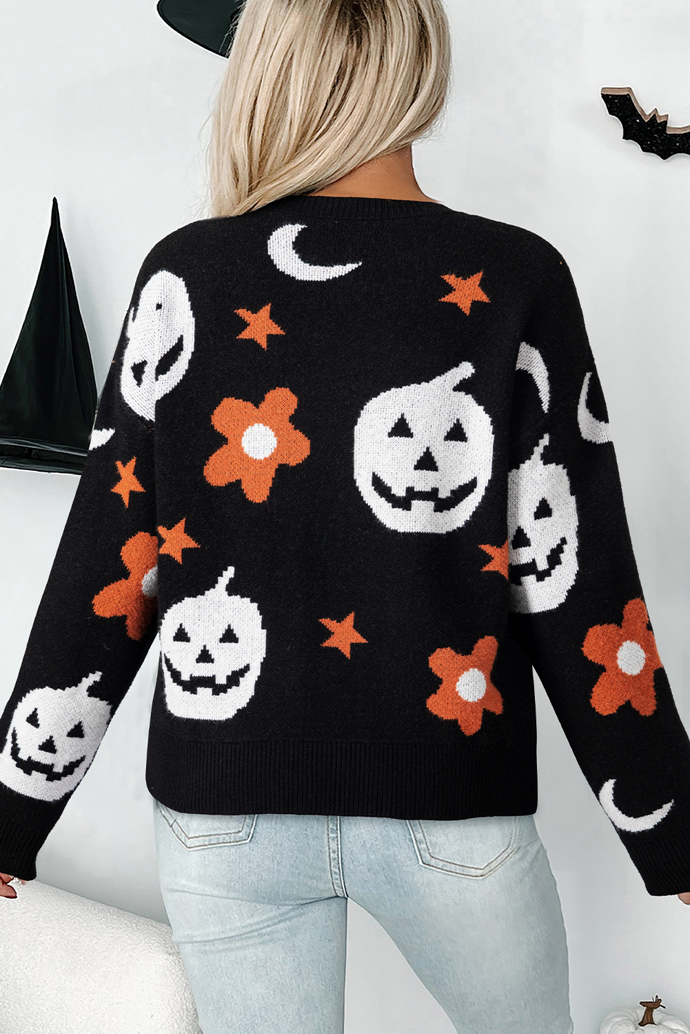 Black Halloween Mythical Night Pattern Drop Shoulder Sweater - loveforevers