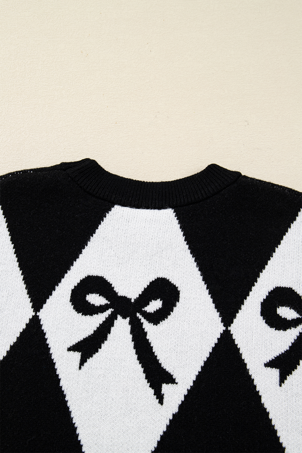 Black Bow Print 2-tone Rhombus Knit Loose Sweater - loveforevers