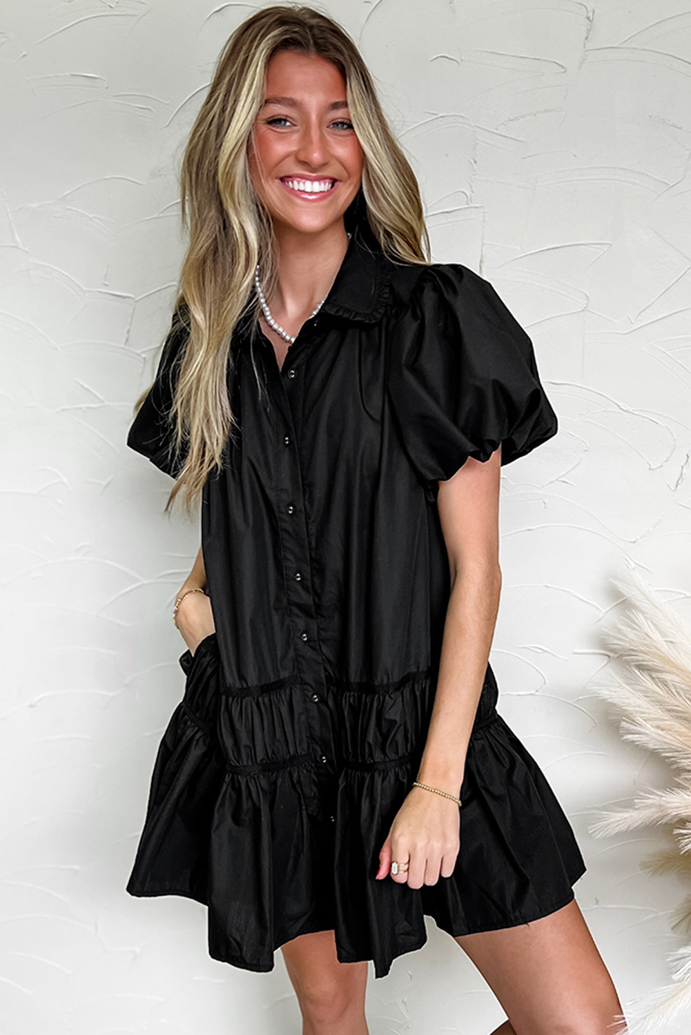 Black Shirt Style Button Down Puff Sleeve Ruffle Hem Dress - loveforevers