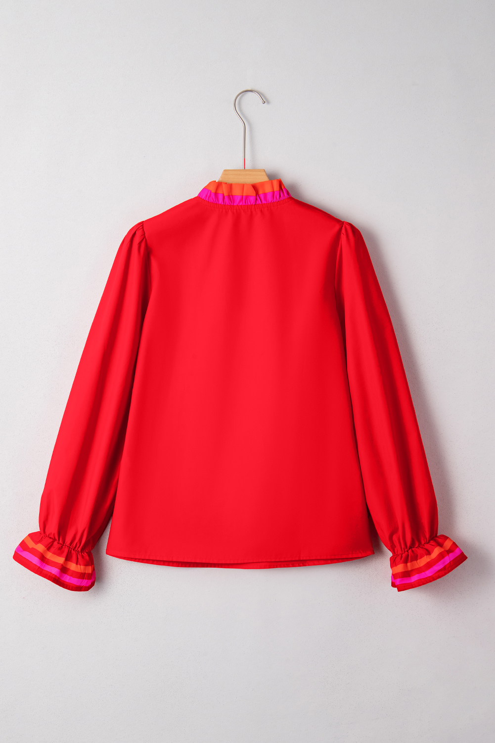 Four Leaf Clover Striped Trim Ruffle Split Neck Long Sleeve Blouse - loveforevers