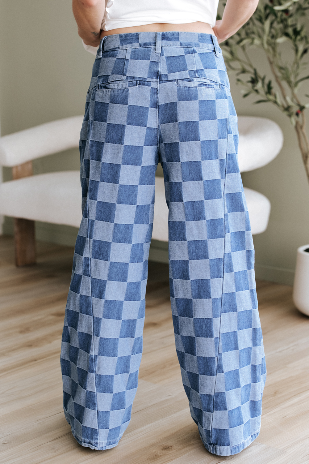 Dark Grey Checkered Denim Wide Leg Jeans - loveforevers