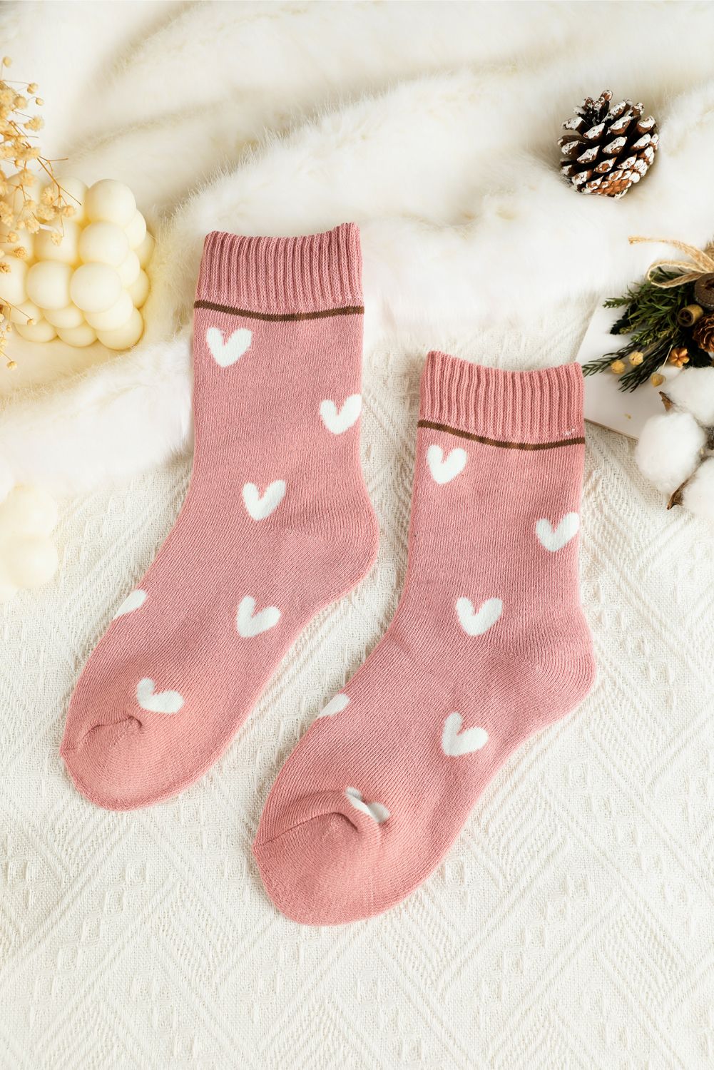 Pink Contrast Heart Print Ribbed Cuff Womens Crew Socks - loveforevers