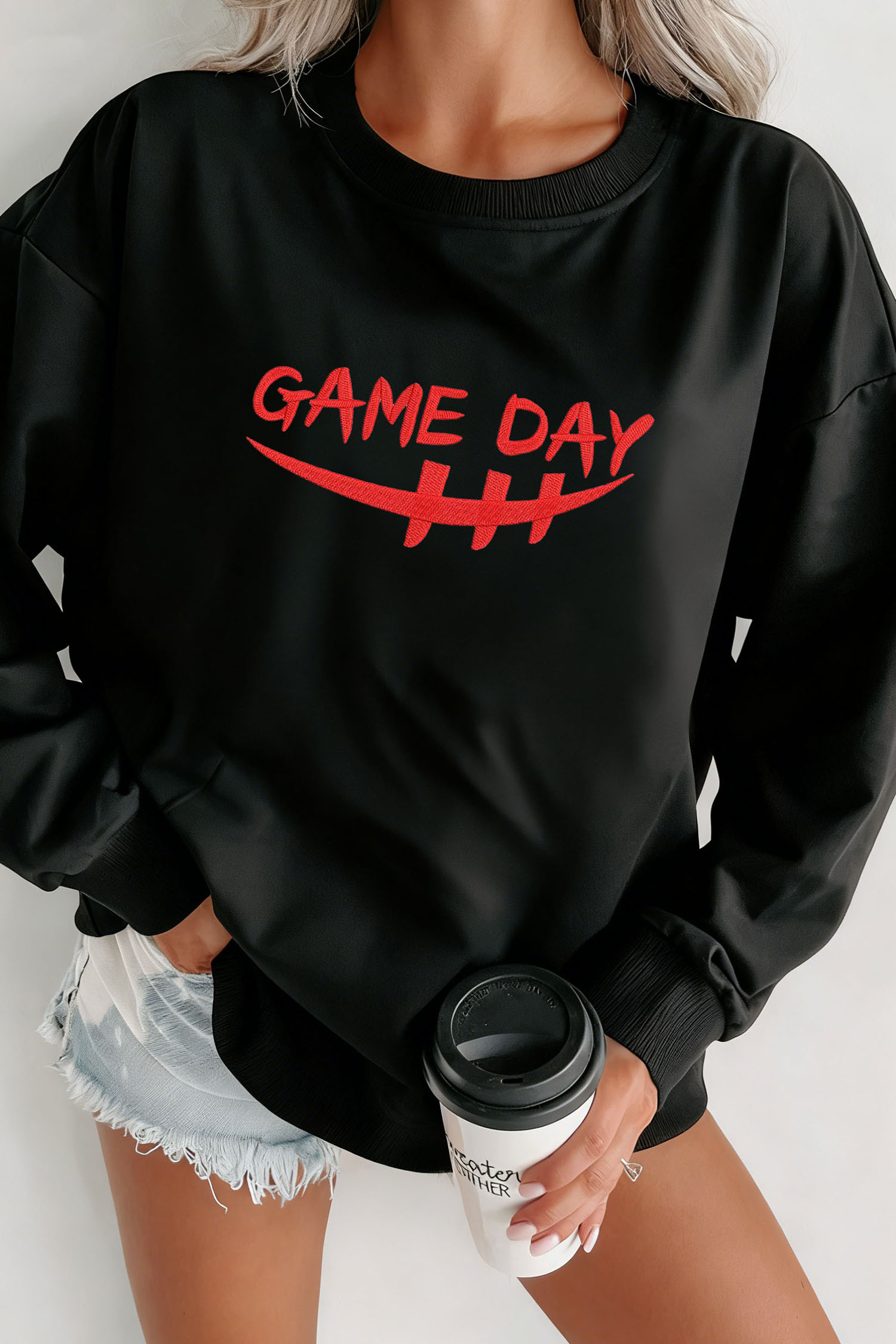 Black GAME DAY Embroidered Graphic Casual Pullover Sweatshirt - loveforevers