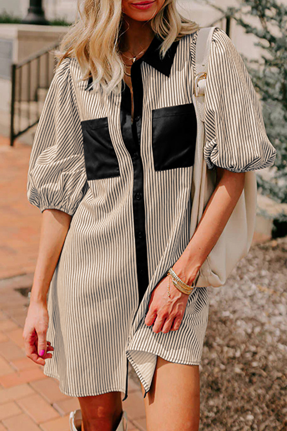 Black Stripe Color Block Patchwork Shirt Collar Button Down Puff Sleeve Mini Dress - loveforevers