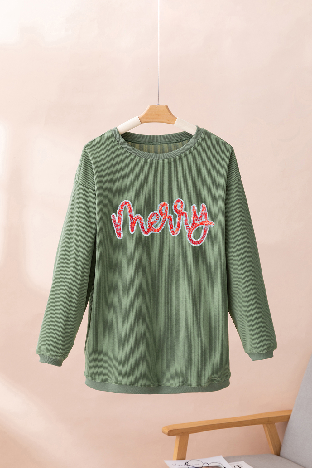 Grass Green Sequined merry Letter Graphic Twisted Ribbed Baggy Sweatshirt - loveforevers