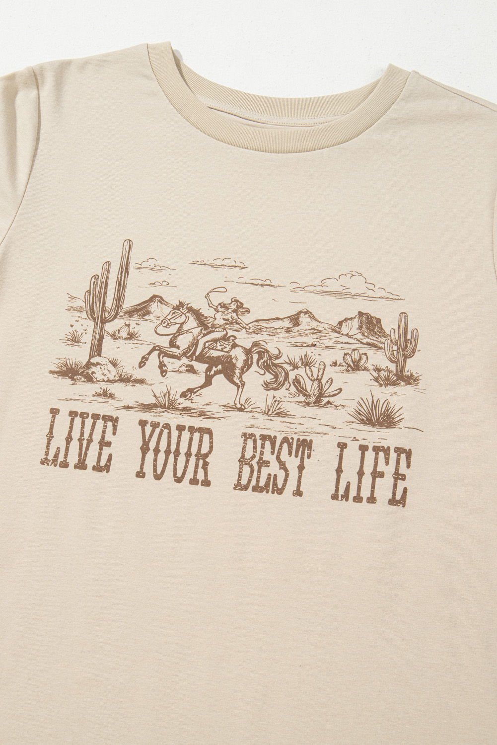 Beige LIVE YOUR BEST LIFE Crew Neck Western Graphic Tee - loveforevers