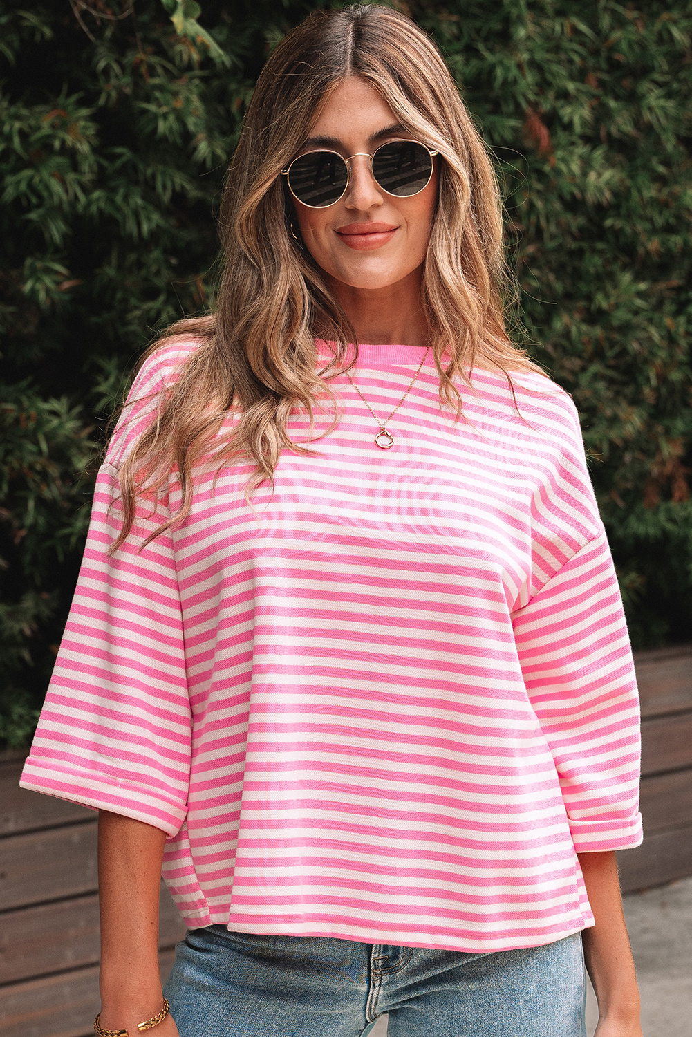 Red Stripe Bowknot Cutout Back Drop Shoulder Wide Bracelet Sleeve Loose Tee - loveforevers