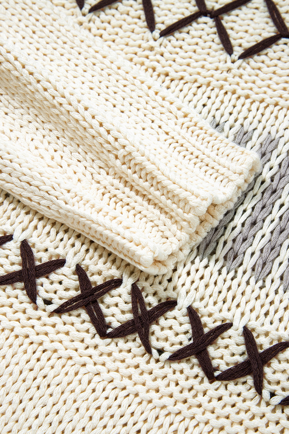 Parchment Contrast Stitch Detail V Neck Drop Shoulder Sweater - loveforevers