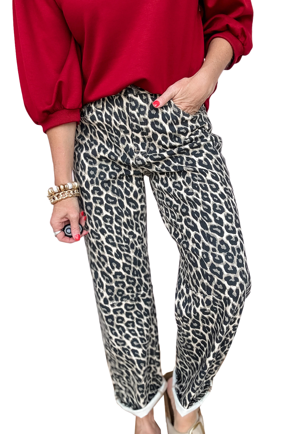 Black Leopard Print Barrel Jeans - loveforevers