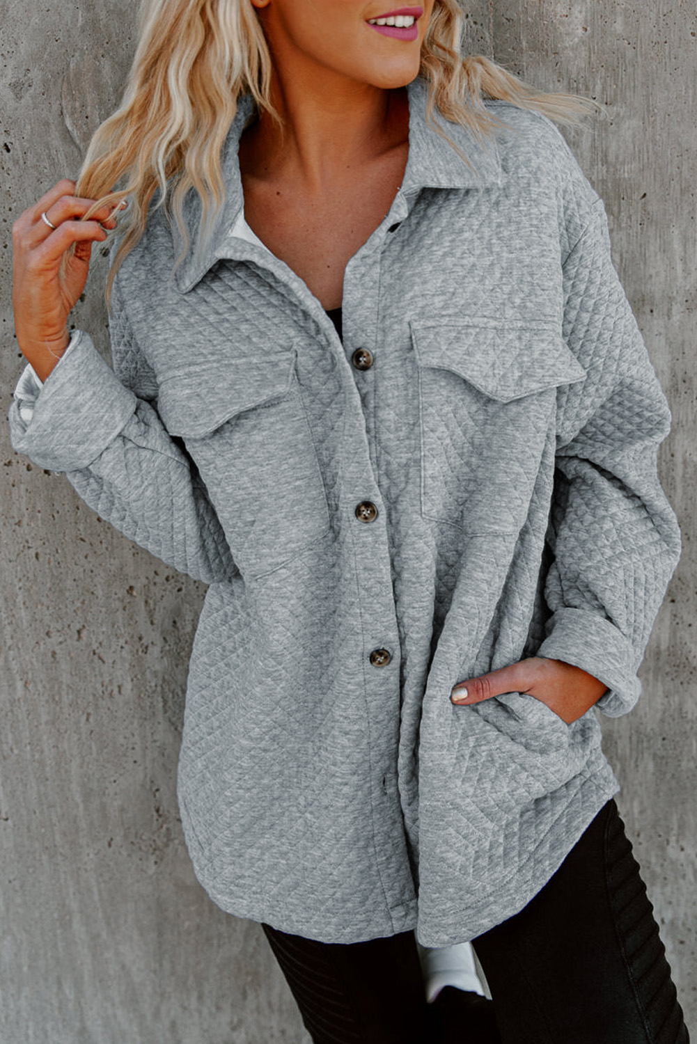 Gray Retro Quilted Flap Pocket Button Shacket - loveforevers