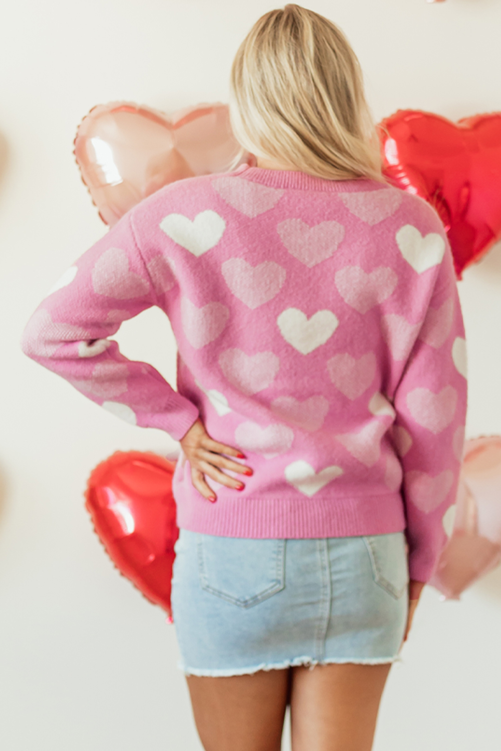Pink Pearled Heart Print Valentines Crew Neck Sweater - loveforevers