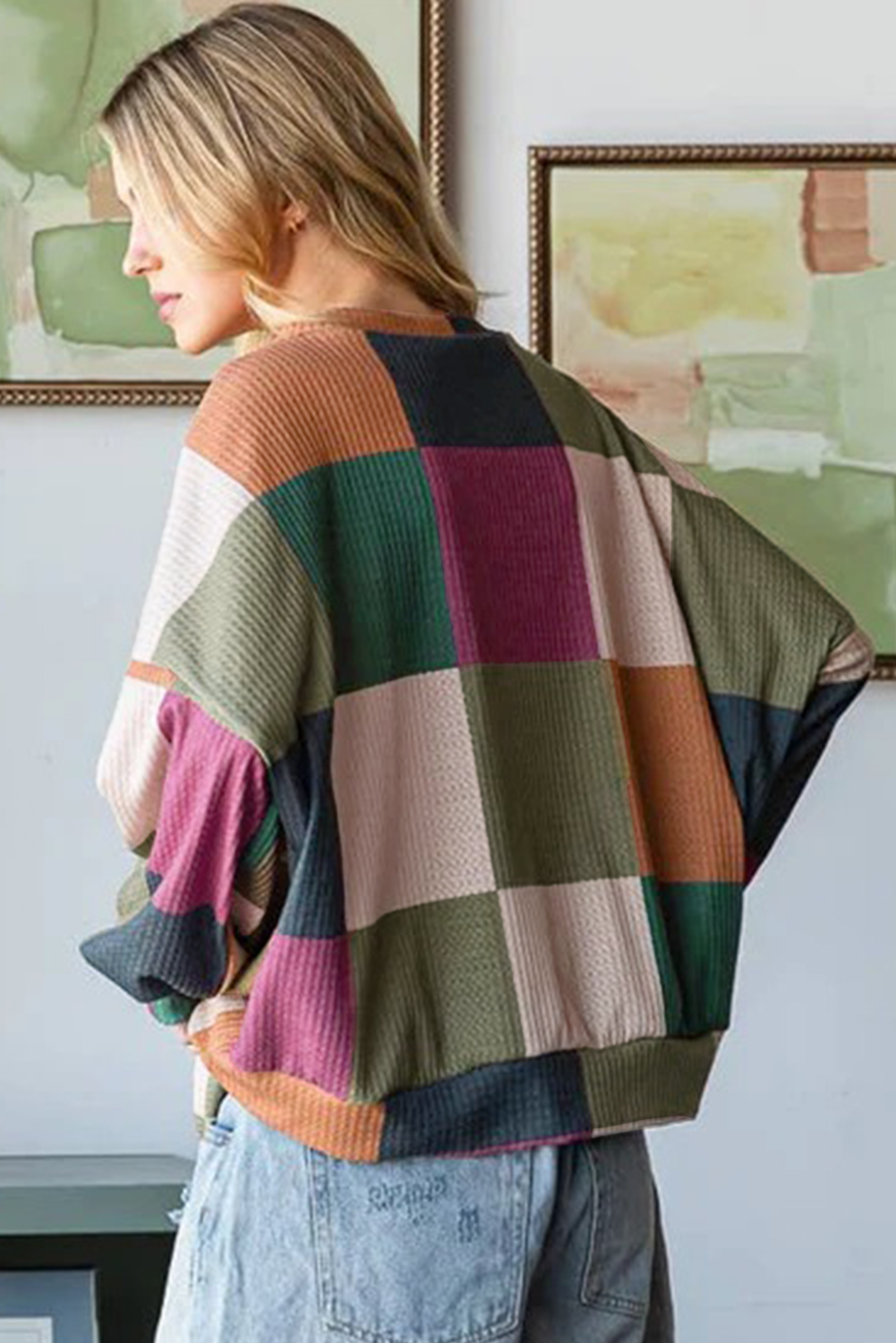 Green Checkered Print Textured Knit Long Sleeve Loose Top - loveforevers