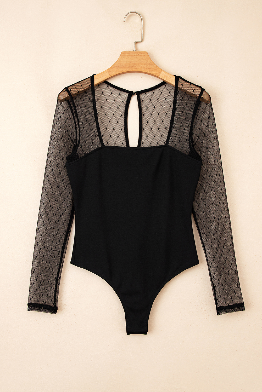 Black Polka Dot Mesh Long Sleeve Square Neck Bodysuit - loveforevers