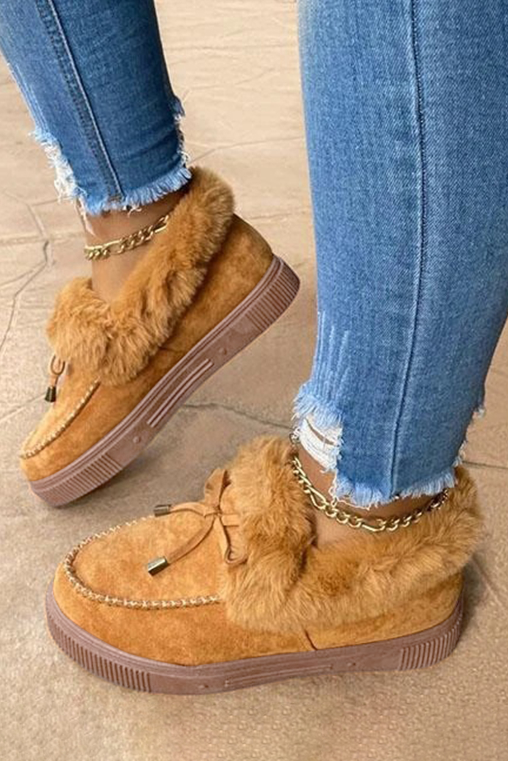 Brown Bow Decor Faux Suede Plush Lined Winter Flats - loveforevers