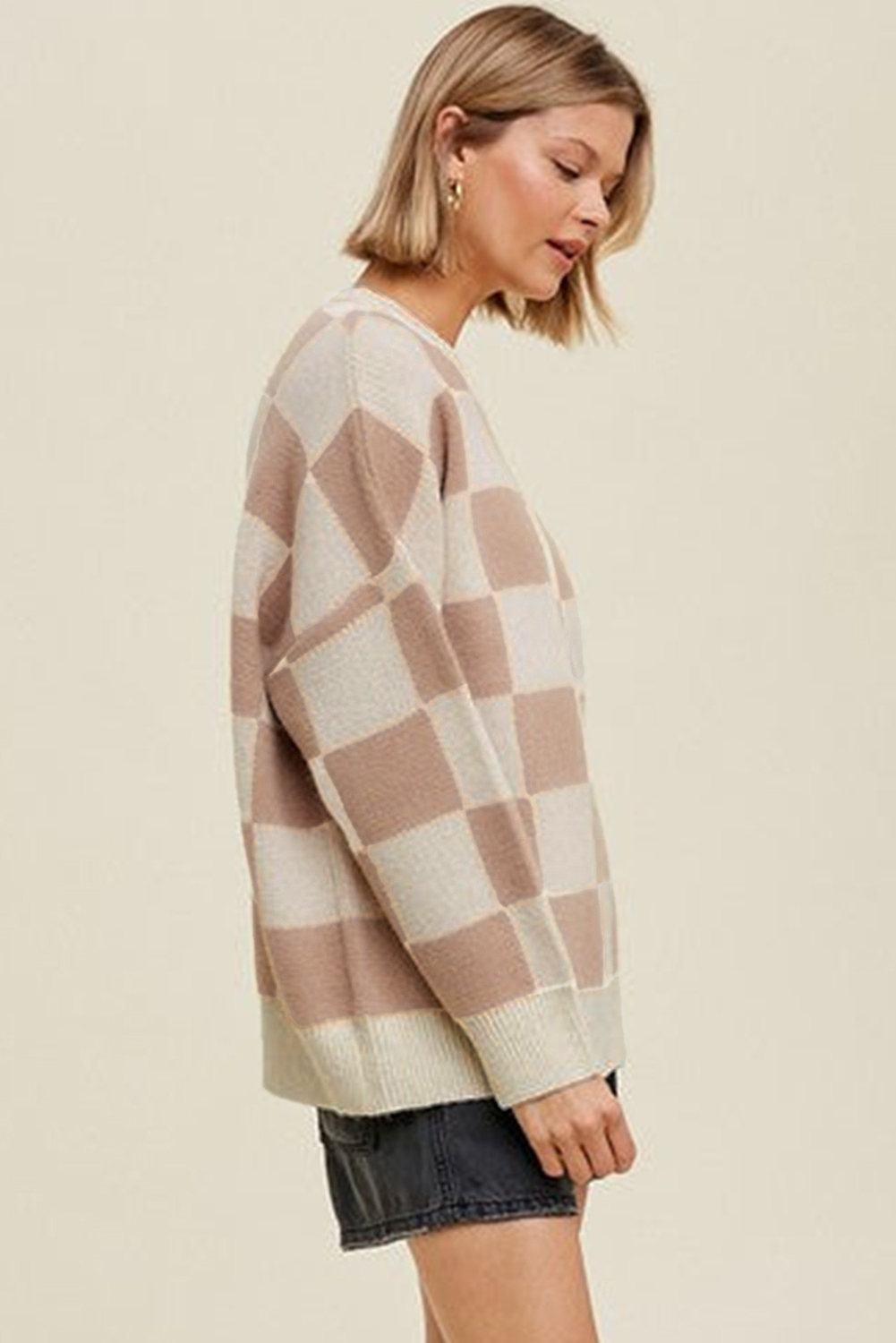 Parchment Checkered Pattern Ribbed Trim Knit Baggy Sweater - loveforevers