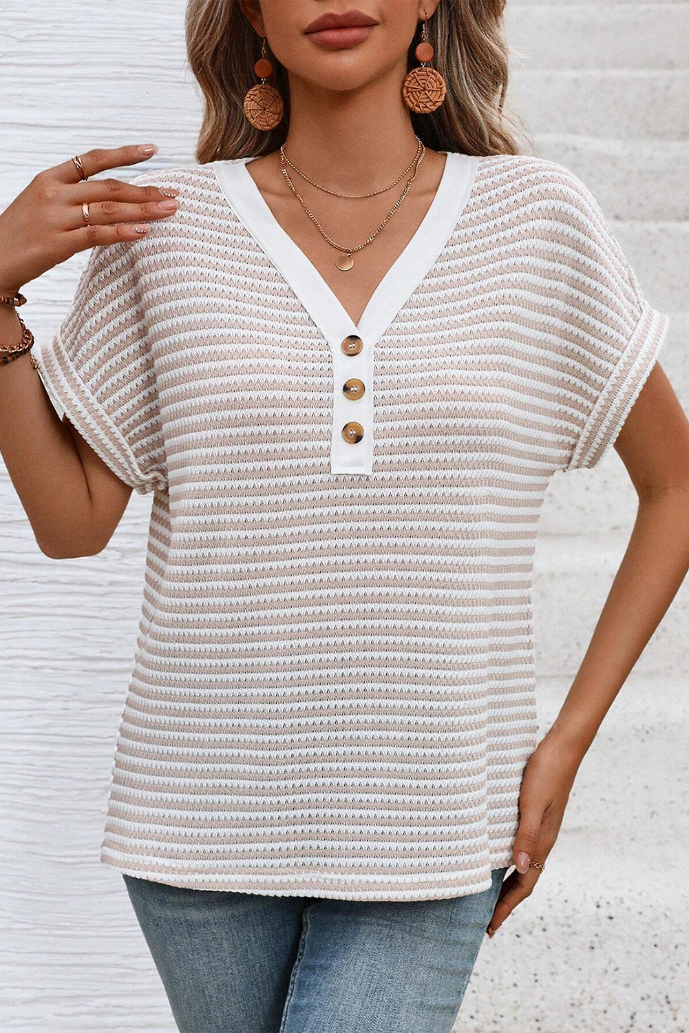 Khaki Stripe Buttoned Front V Neck Knitted T Shirt - loveforevers