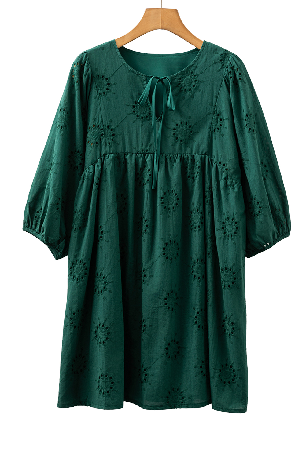 Blackish Green Embroidered Eyelet Pattern 3/4 Puffy Sleeve Swing Mini Dress - loveforevers