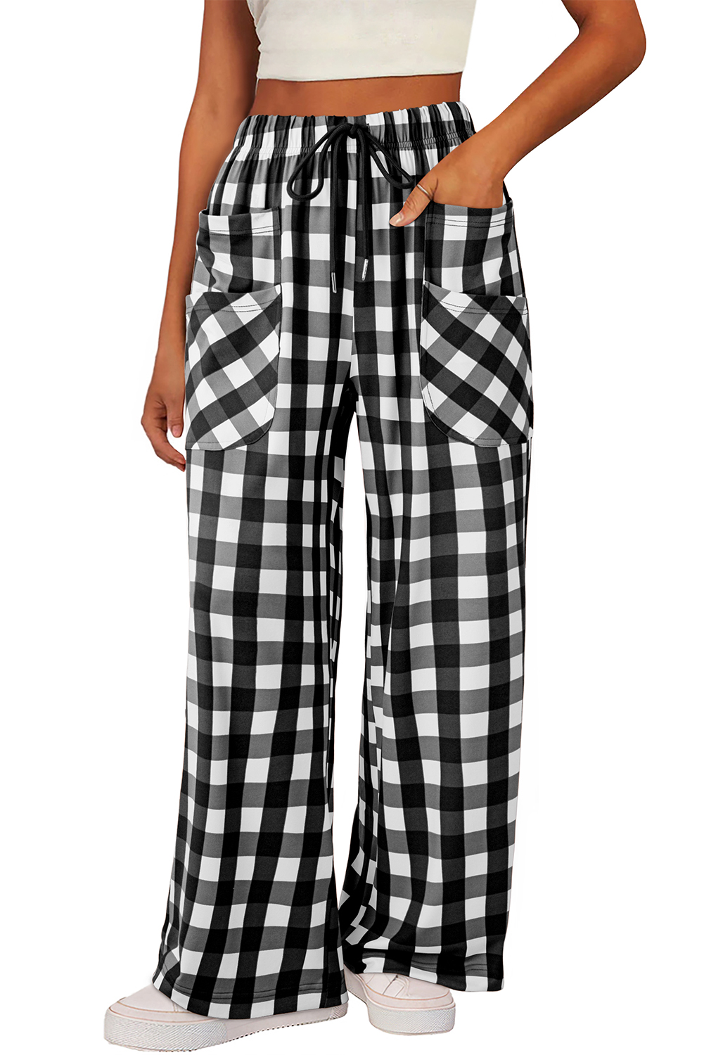 Black Checkered Print Double Pocketed Drawstring Casual Pants - loveforevers