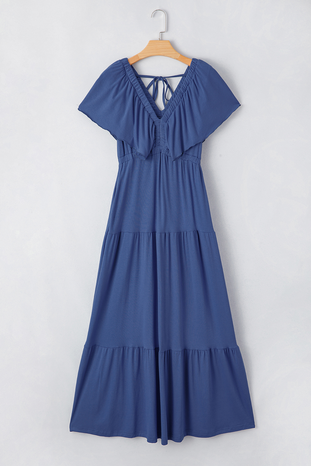 Grass Green Textured V Neck Flutter Sleeve Ruffled Maxi Dress - loveforevers