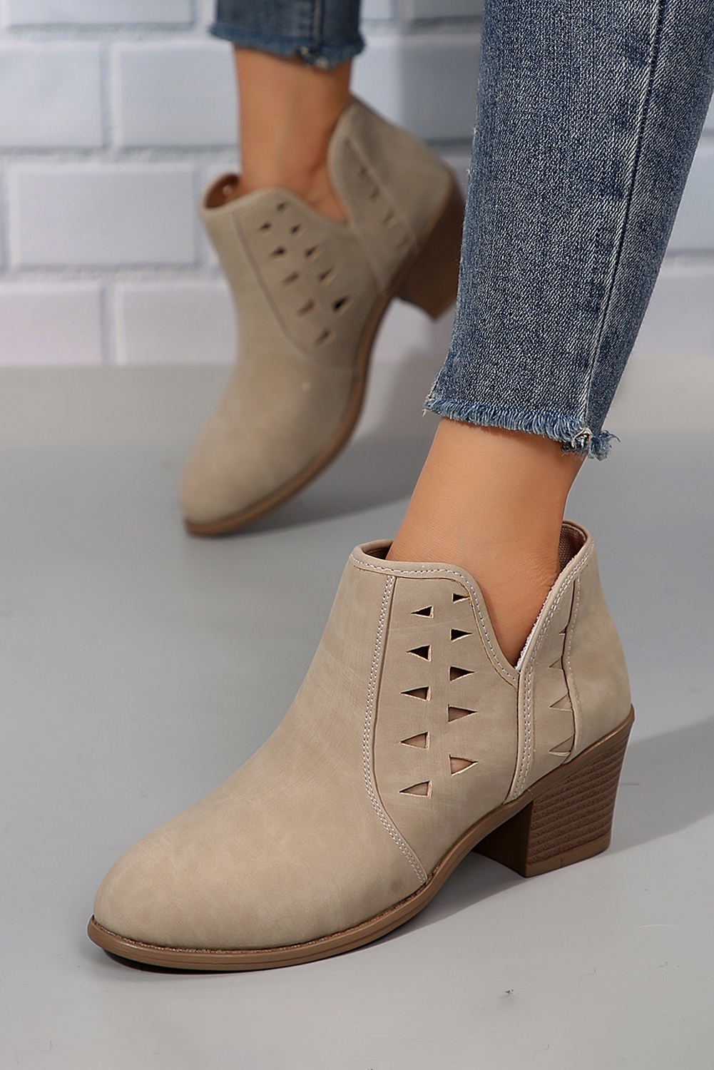 Parchment Cut Out Suede Pointed Toe Heeled Ankle Boots - loveforevers