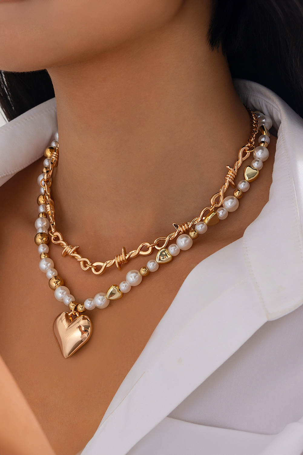 Gold 2pcs Alloy Plated Heart Pendant Pearl Necklace Set - loveforevers