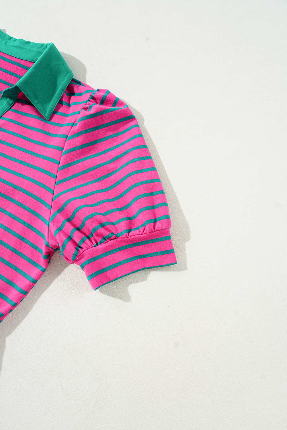 Pink Stripe Collared V Neck Puff Sleeve T Shirt Dress - loveforevers