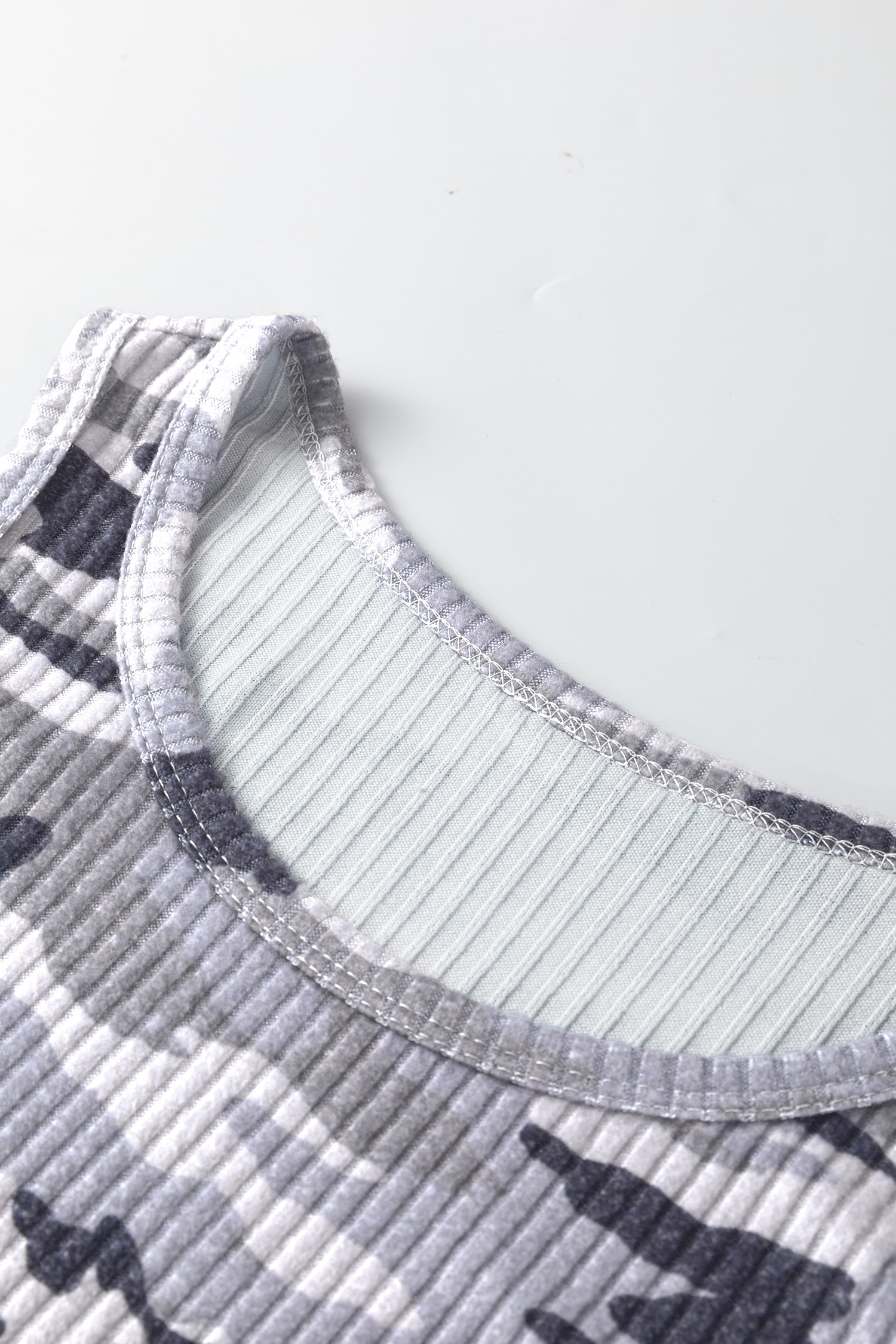 Gray Camouflage Print Ribbed Knit Round Neck Tank Top - loveforevers