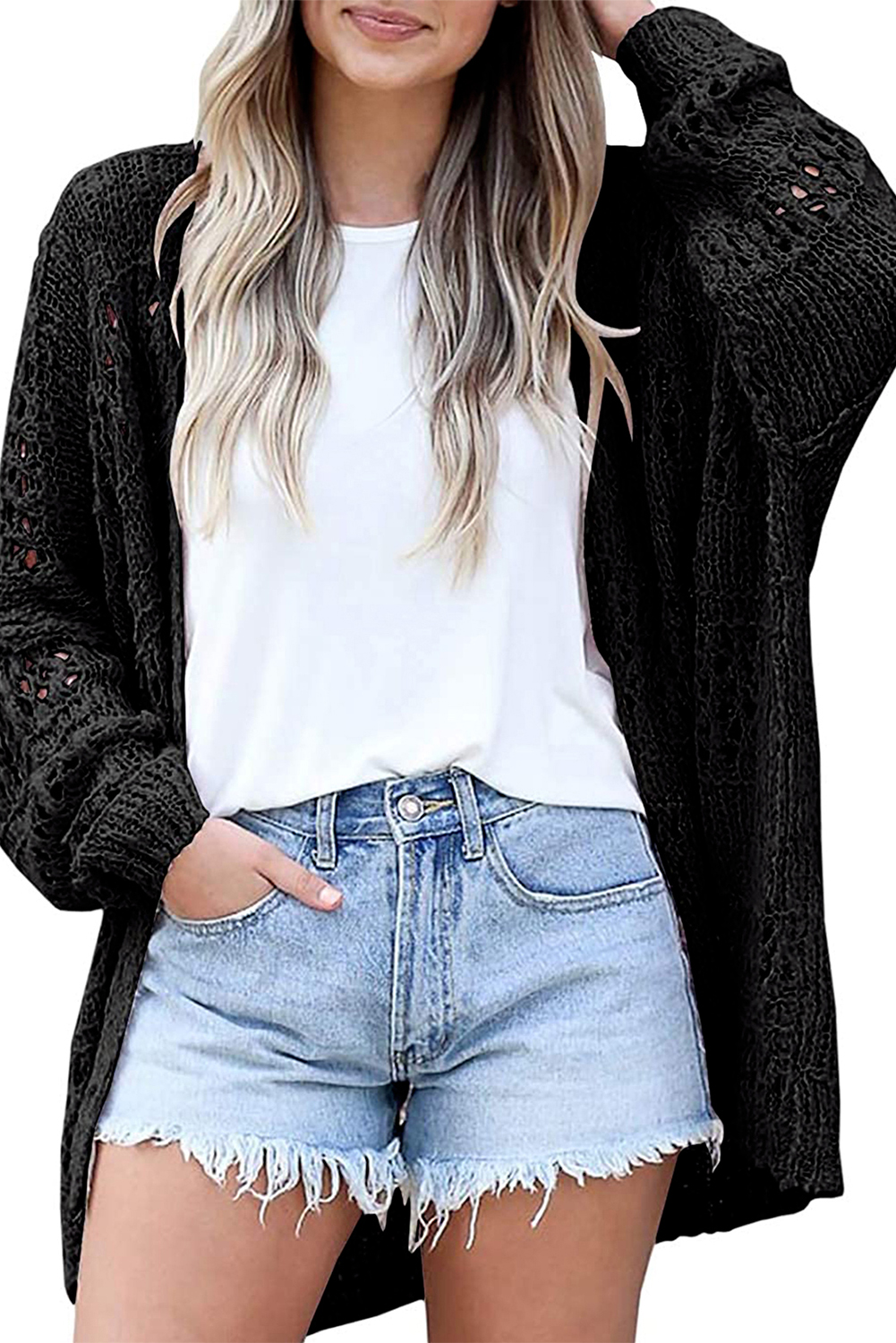 Black Casual Hollowed Knit Dolman Sleeve Cardigan - loveforevers