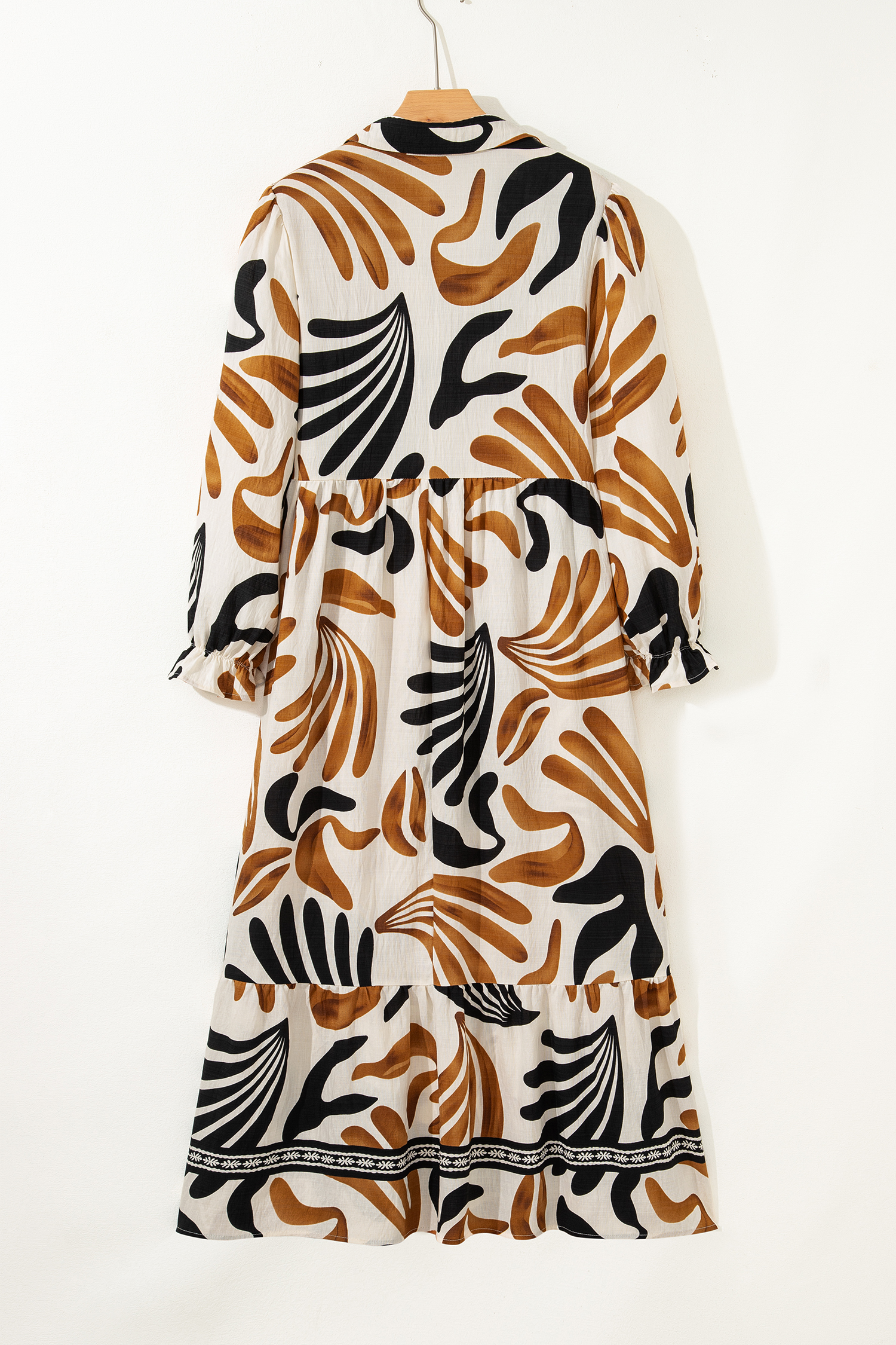 Brown Tropical Printed Contrast Trim Neck Long Sleeve Ruffle Hem Dress - loveforevers