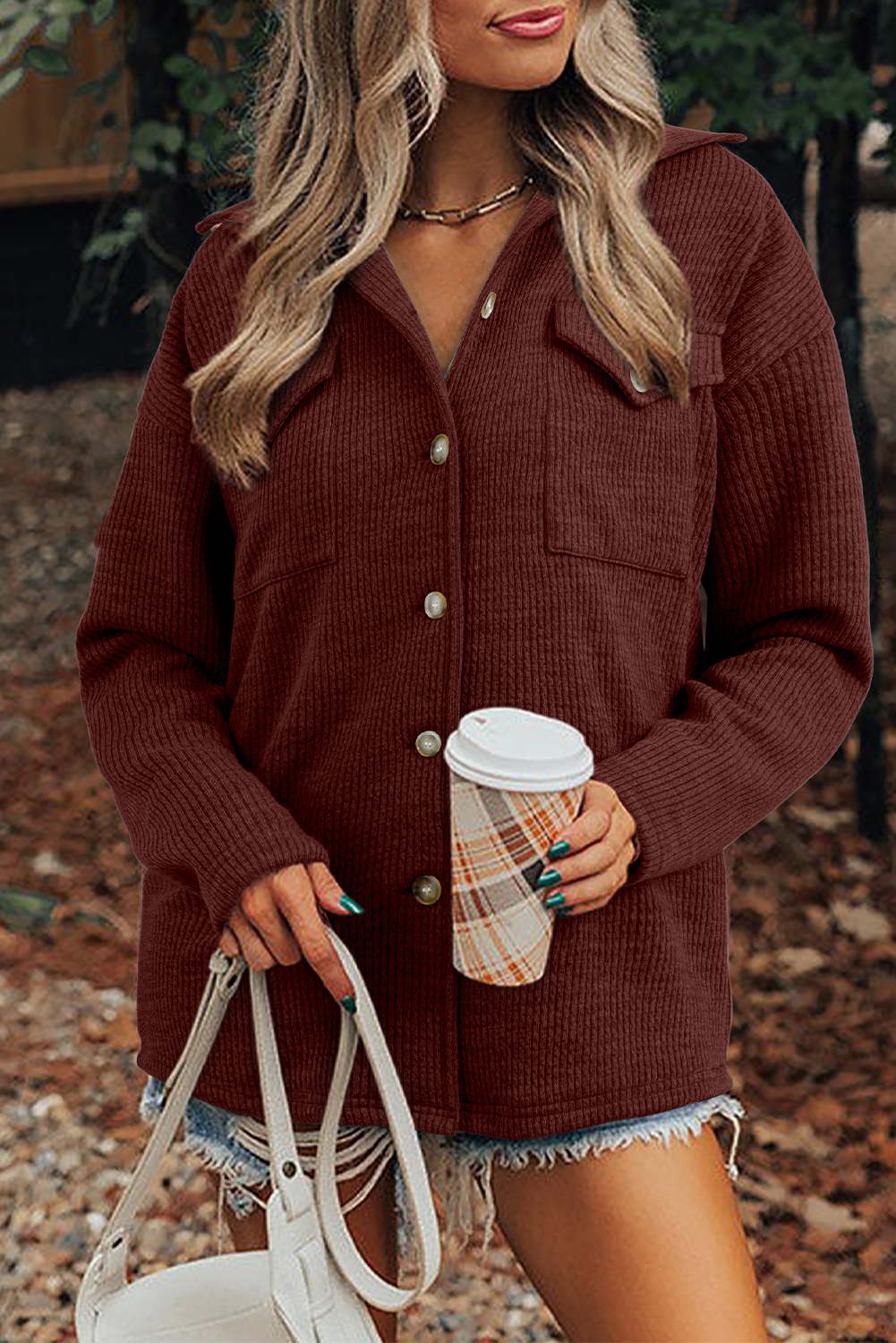 Medium Grey Ribbed Knit Buttons Front Flap Pocket Casual Shacket - loveforevers
