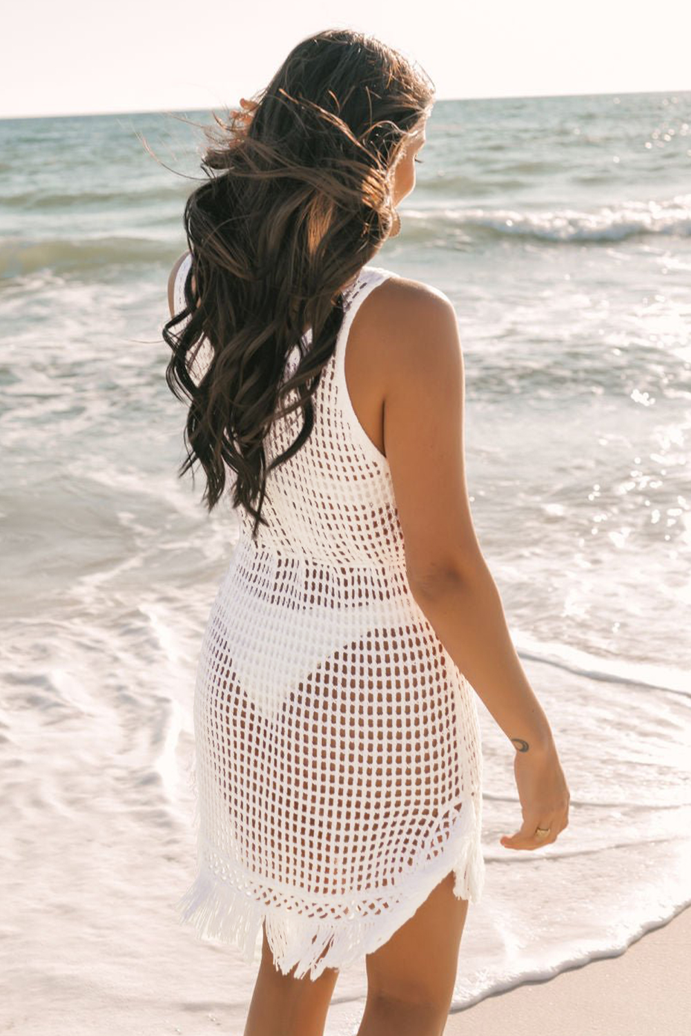 White Crochet Fishnet Fringed Edge V Neck Beach Cover Up - loveforevers