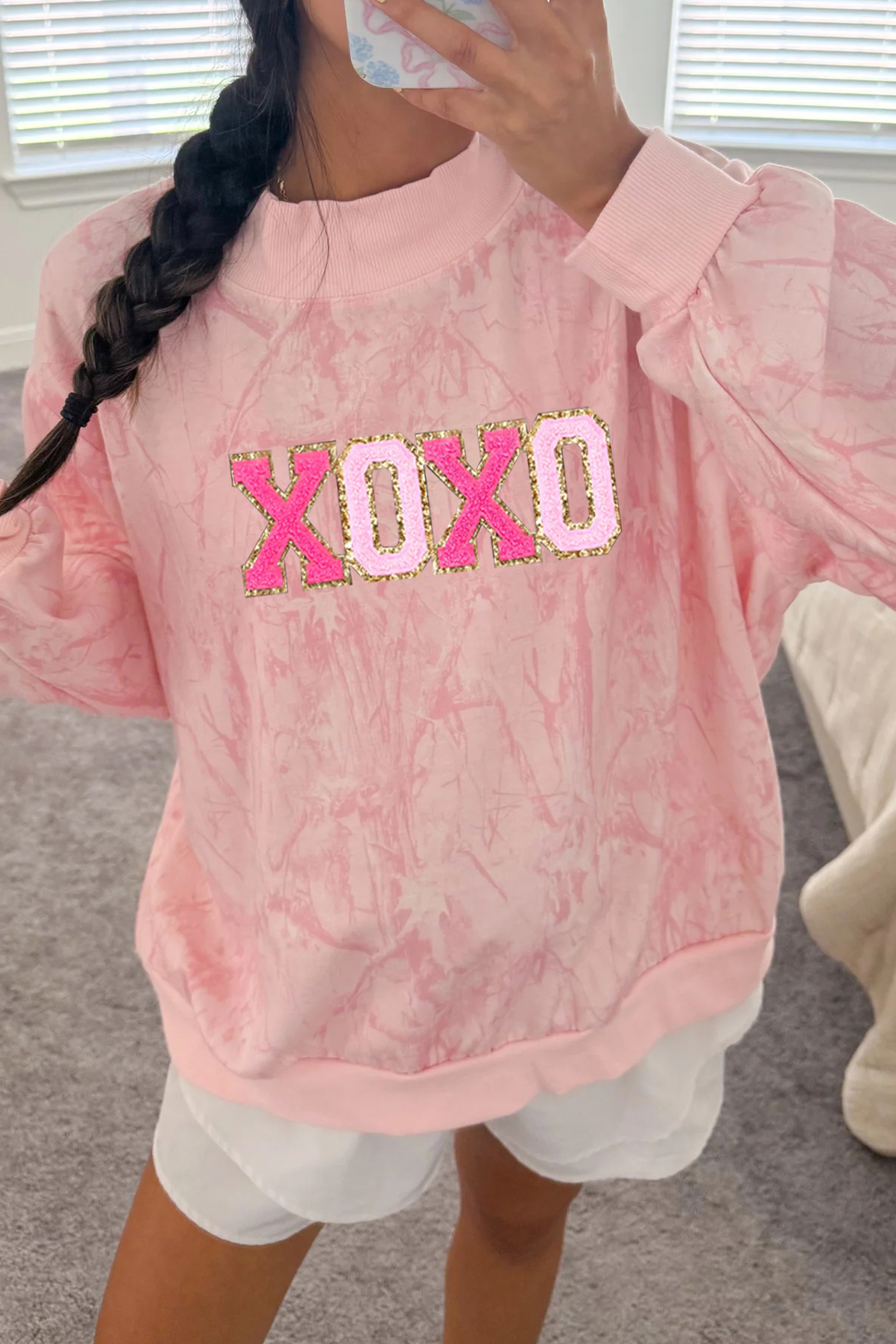 Pink Tie Dye Camo Sequin Love Heart Patched Mock Neck Sweatshirt - loveforevers