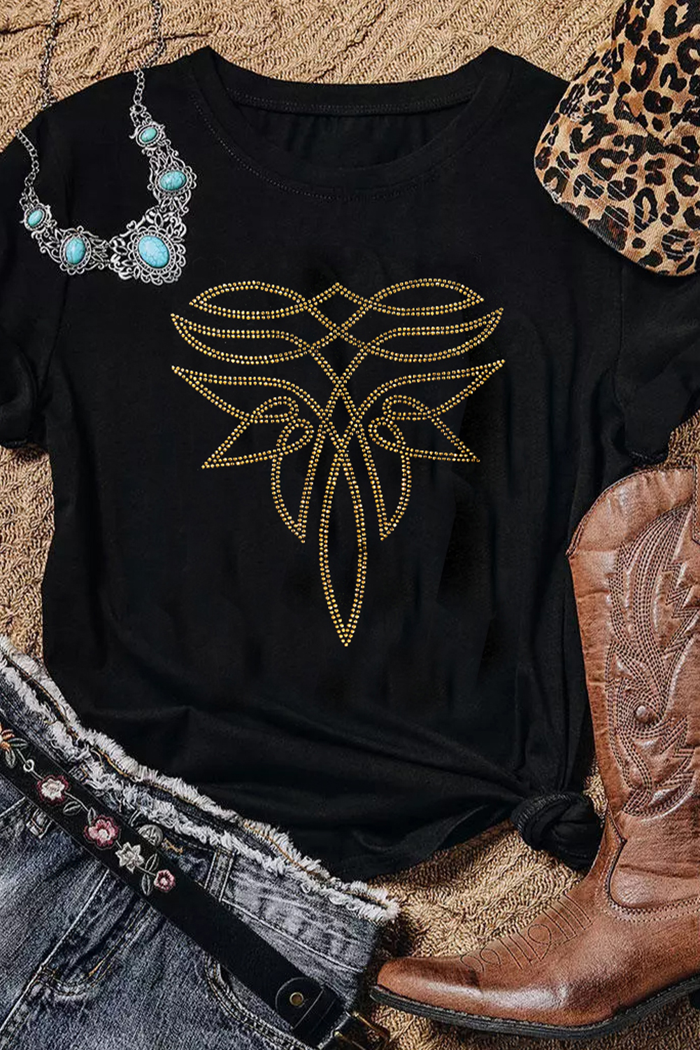 Black Rhinestone Western Pattern Cotton Blend Graphic T Shirt - loveforevers