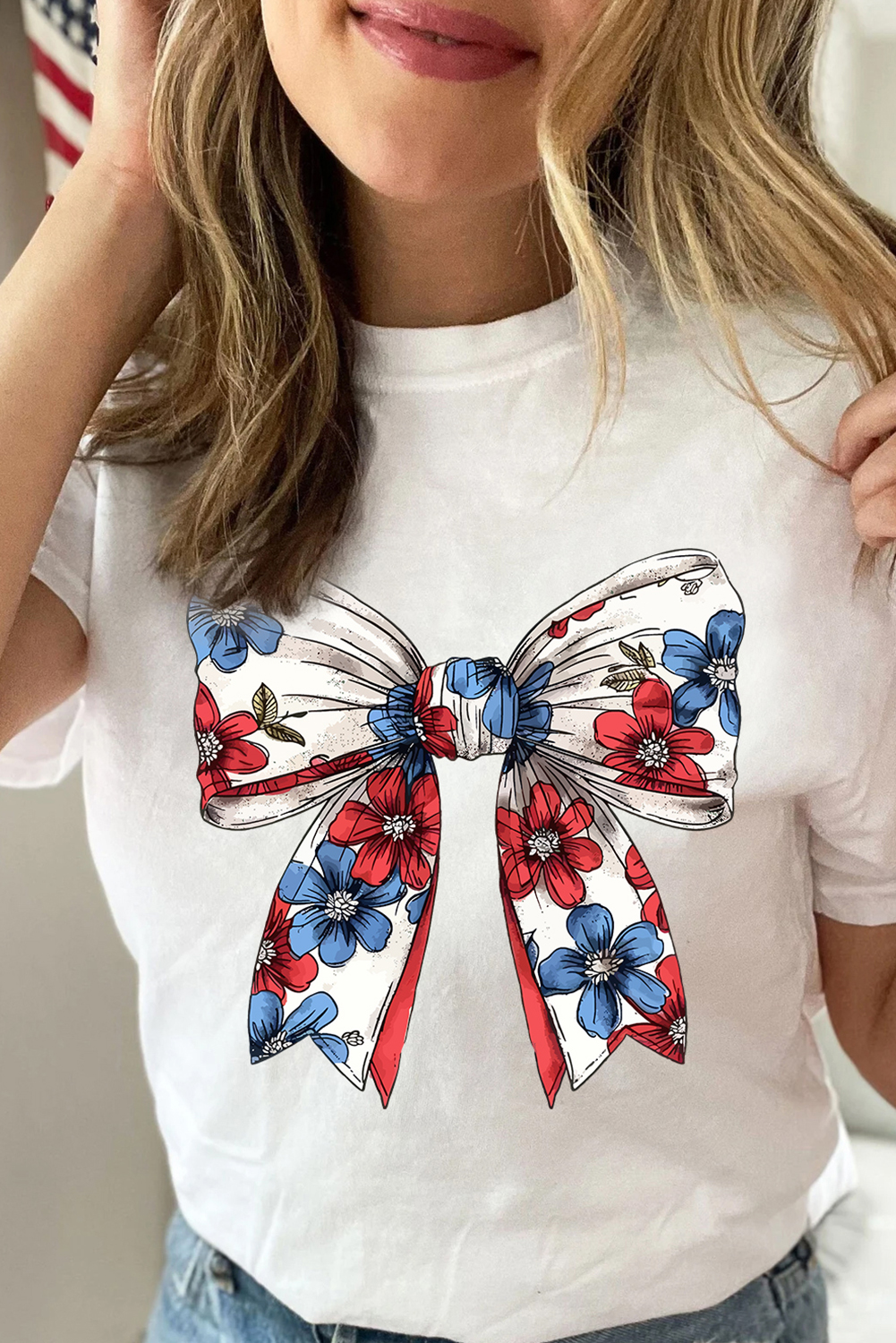 White July 4th Flower Bowknot Print Crew Neck T Shirt - loveforevers