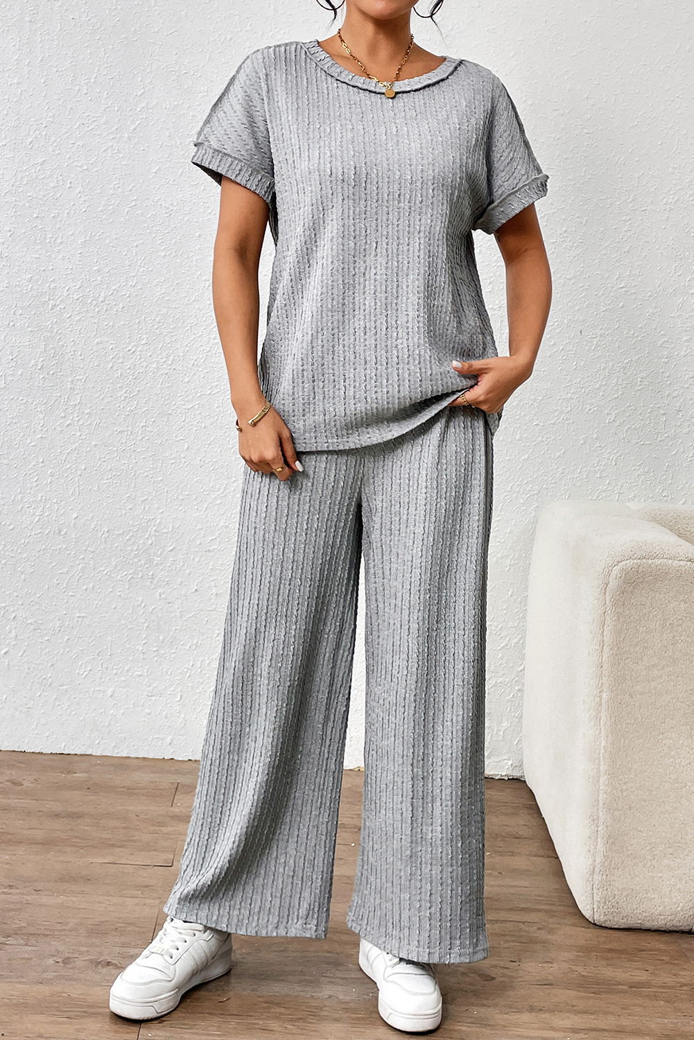 Gray Striped Texture Loose Tee and Pants Set - loveforevers