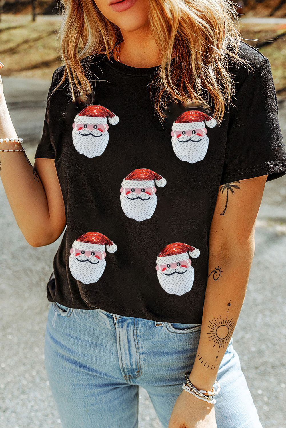 Black Faux Sequin Christmas Claus Pattern Crewneck T Shirt - loveforevers