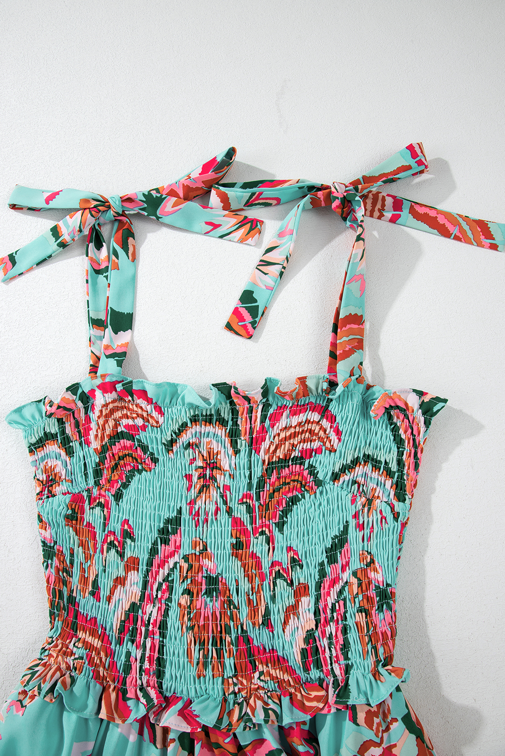 Green Abstract Print Smocked Bodice Knotted Straps Ruffled Maxi Dress - loveforevers