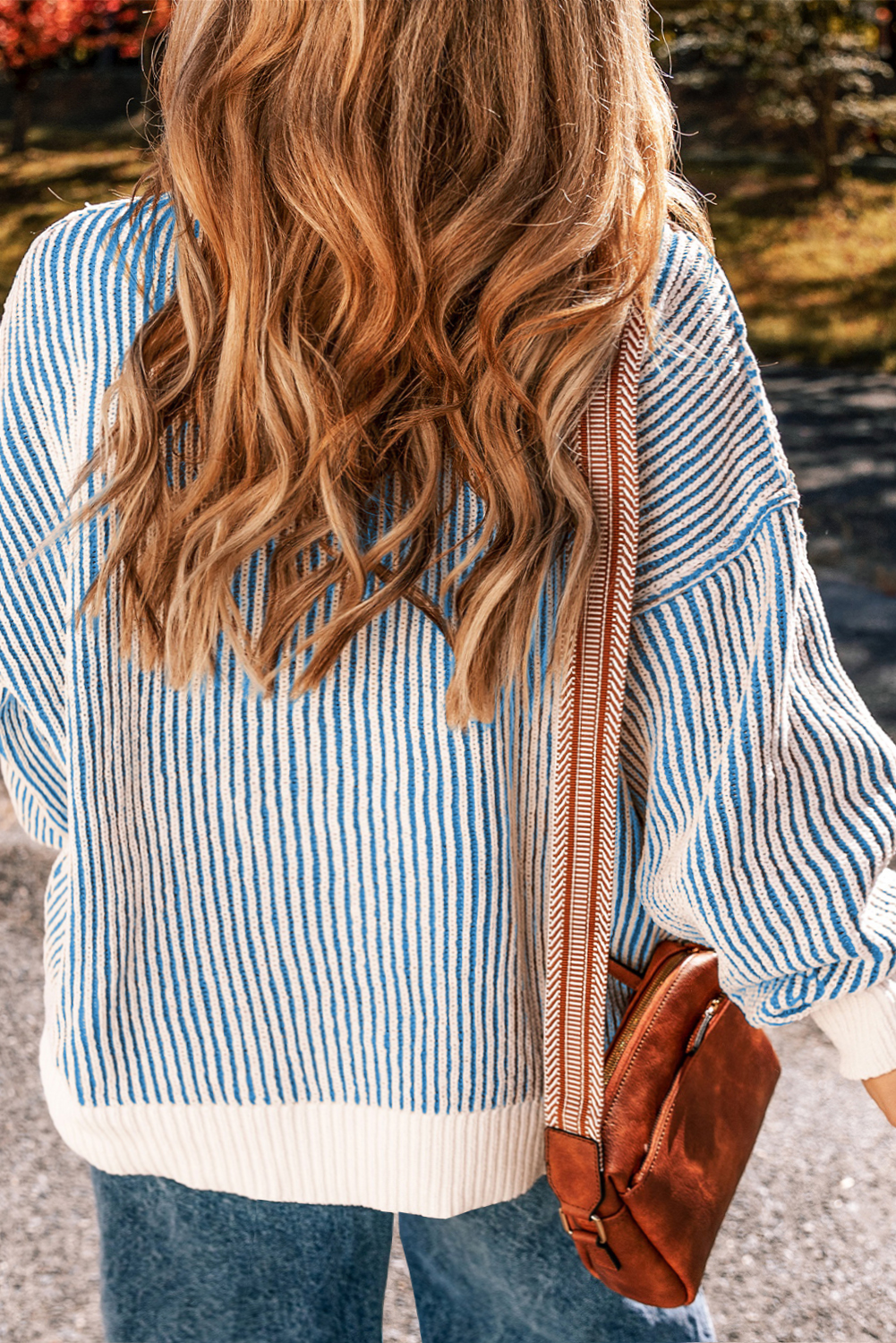 Bright Pink Striped Textured Knit Contrast Edge Loose Sweater - loveforevers