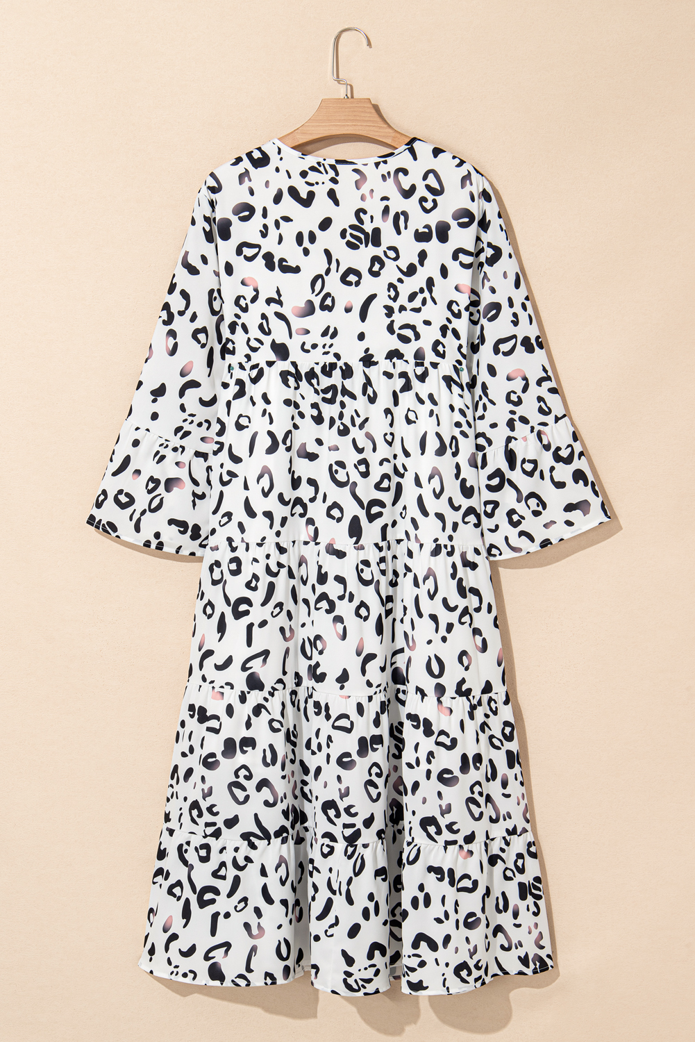 White Leopard Print Notch V Neck Loose Fit Maxi Dress - loveforevers