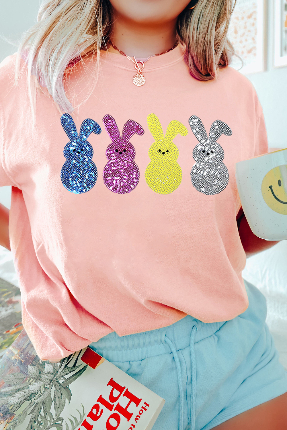 Pink Sequin Cute Bunny Graphic Easter Fashion Tee - loveforevers