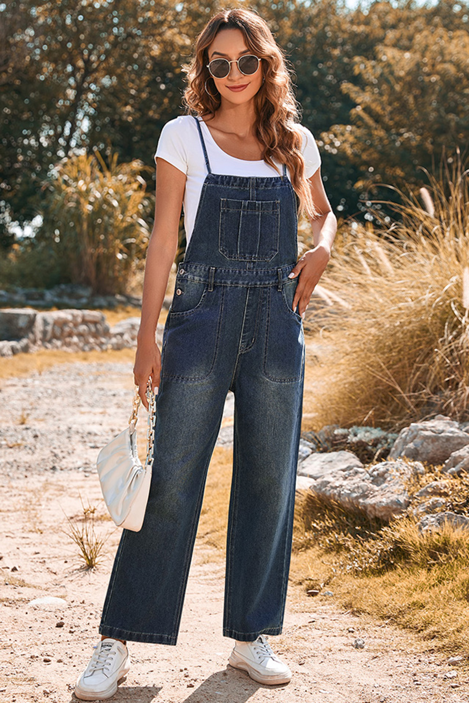 Dark Blue Crossed Tie Straps Bib Pocket Loose Denim Overalls - loveforevers