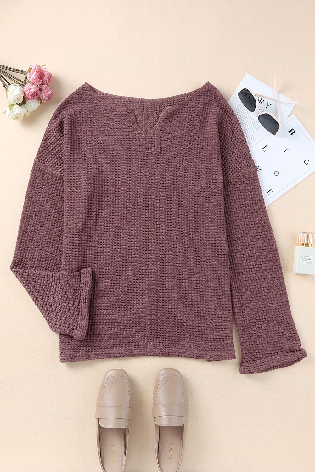 purple Waffle Knit Loose Long Sleeve Top - loveforevers
