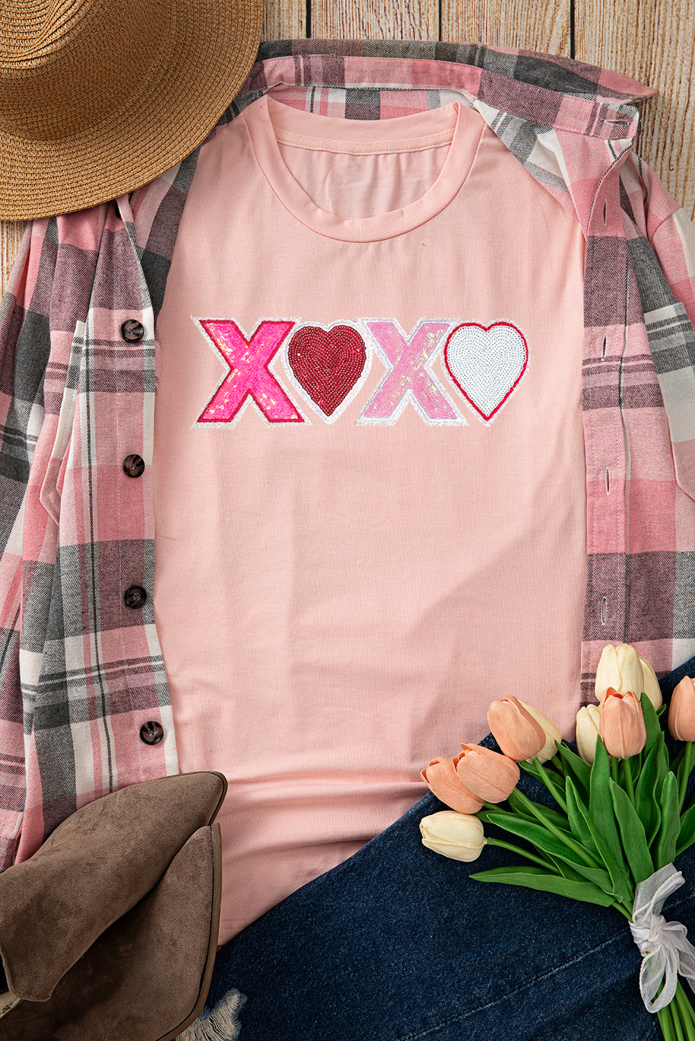 Pink Sequin Heart XOXO Patched Graphic Valentines T Shirt - loveforevers