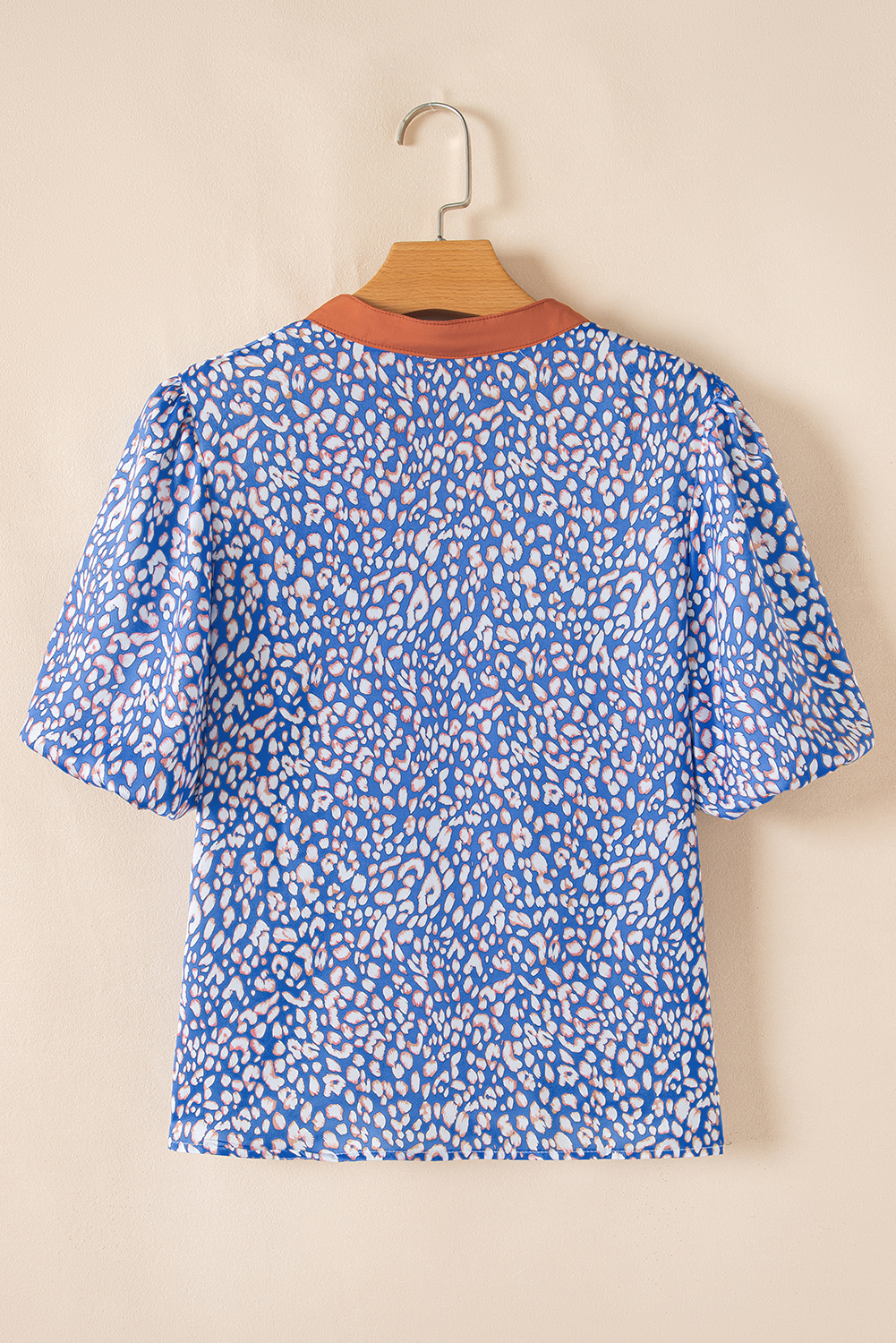 Ashleigh Blue Leopard Print Spot Contrast V Neck Half Puff Sleeve Shirt - loveforevers