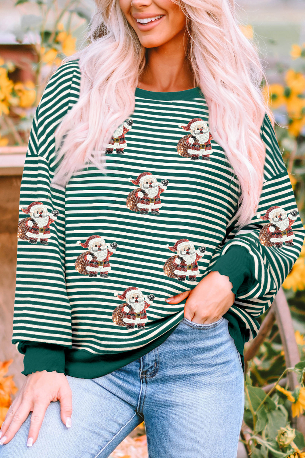 Green Stripe Santa Claus Delivering Gifts Sequin Graphic Long Sleeve Top - loveforevers