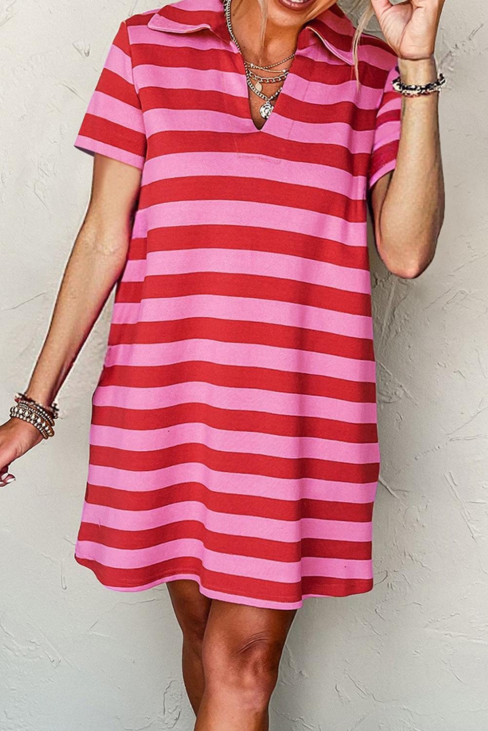 Red Stripe Textured Knit Collared V Neck Shift T Shirt Dress - loveforevers