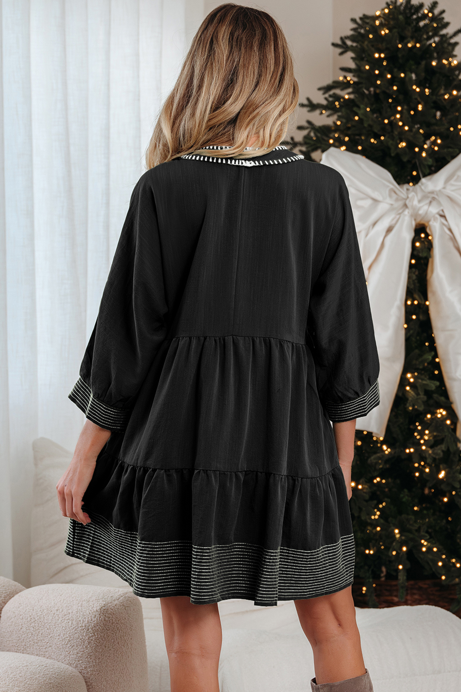 Black Contrast Stitched V Neck 3/4 Sleeve Tiered Mini Dress - loveforevers