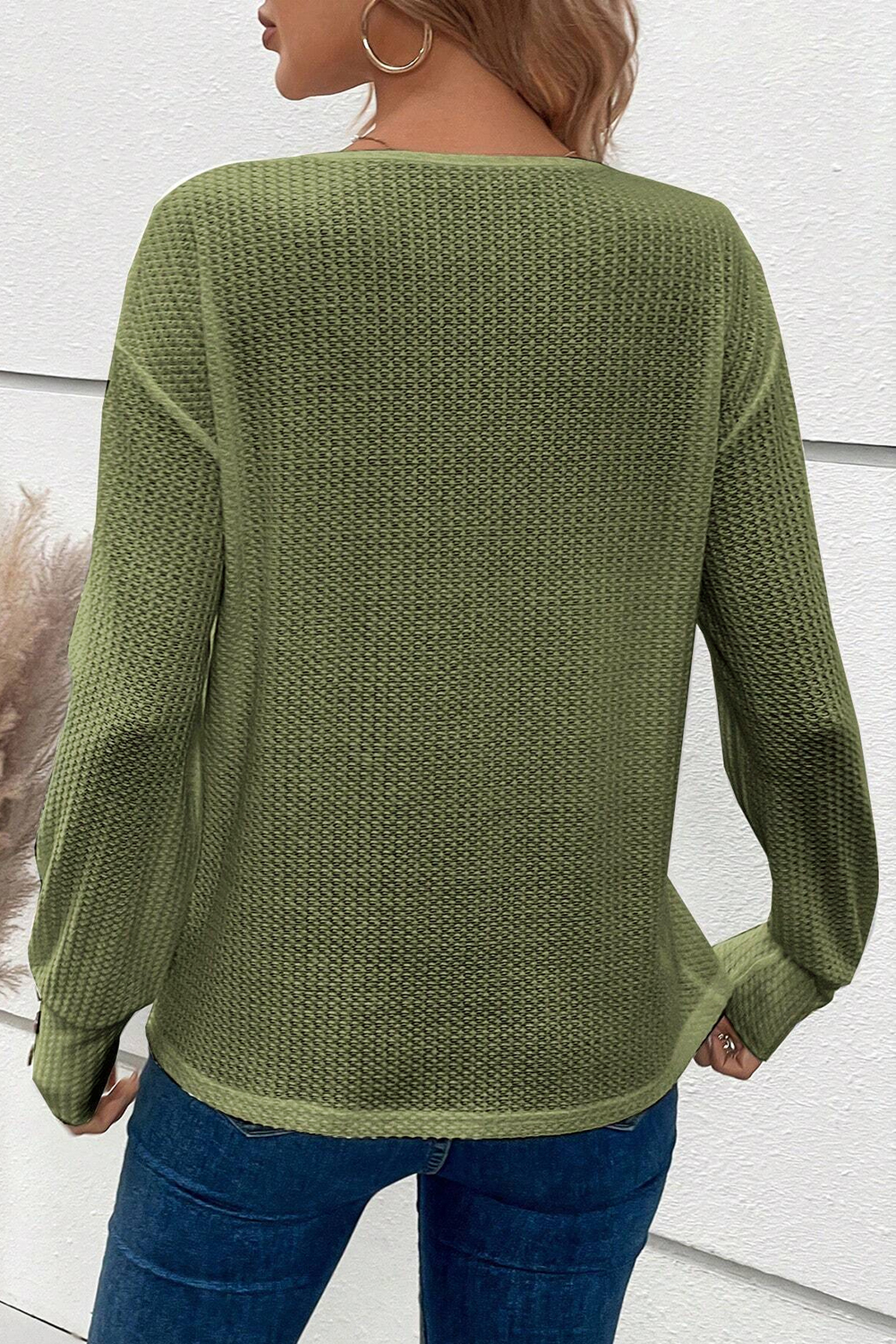Jungle Green Textured Knit V Neck Button Cuffs Long Sleeve Top - loveforevers