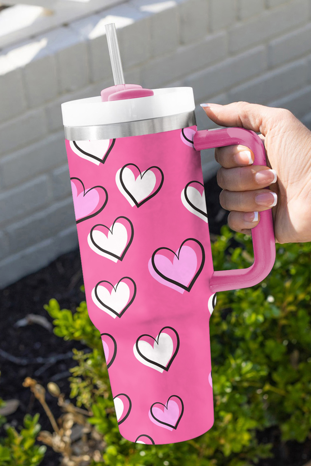 Black Valentines Heart Printed Thermos Cup with Handle 40oz - loveforevers